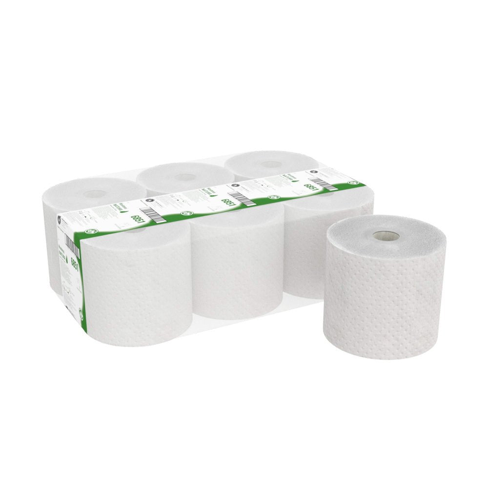 Na obrázku je balenie so šiestimi Hostess™ NATURA papierovými utierkami od Kimberly-Clark GmbH - päť prírodných roliek zabalených v plastovom obale so zeleným a bielym popisom a jedna nezabalená rolka stojaca vzpriamene vedľa balenia.