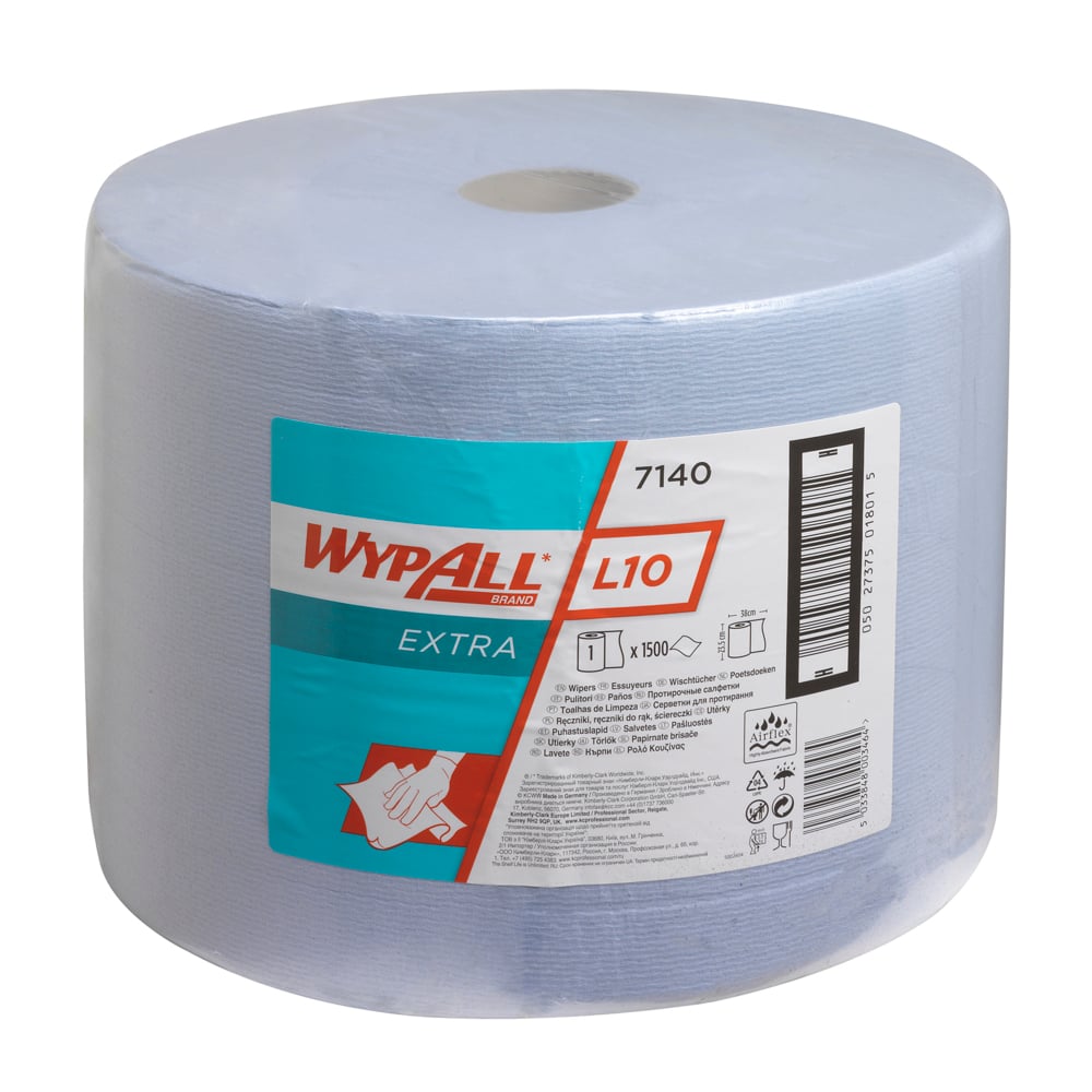 Utierky WypAll® L10 EXTRA na veľkej rolke (modré, 1 rolka x 1500 listov) od Kimberly-Clark GmbH stoja vzpriamene na bielom pozadí. Štítok zdôrazňuje tieto modré čistiace utierky ako ideálne pre priemyselné použitie.