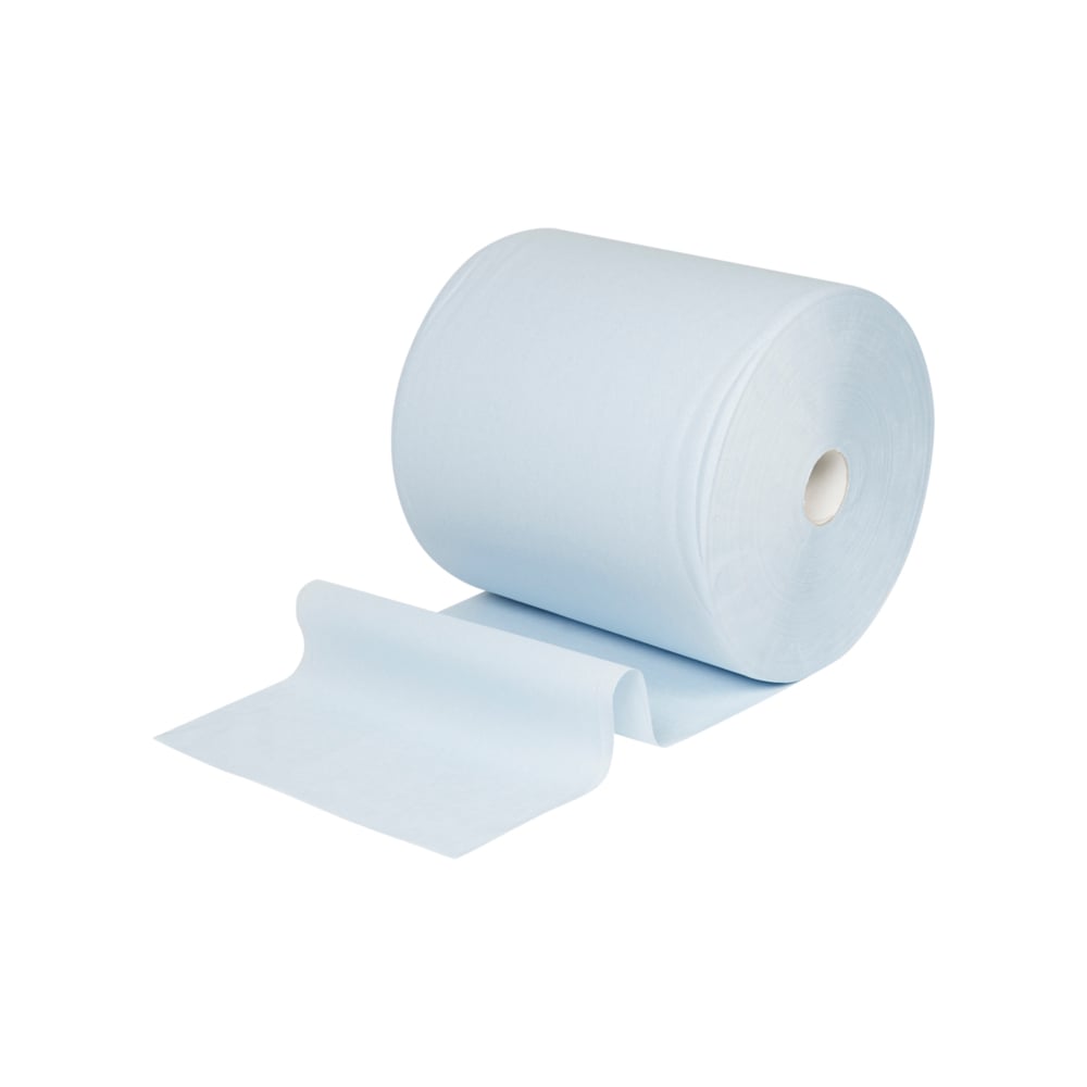 Veľká rolka utierky z papiera WypAll® L10 na povrchy (veľká rolka, extra široká: 38,00 cm x 32,50 cm) od Kimberly-Clark GmbH, s čiastočne odvinutým papierom, ideálna na čistenie povrchov, zobrazená pred bielym pozadím.