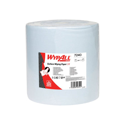 Utierka z papiera WypAll® L10 na povrchy, veľká rolka od Kimberly-Clark GmbH (38,00 cm x 32,50 cm) je extra široká a zabalená v priehľadnej fólii; biela a červená etiketa obsahuje informácie o produkte a symboly na čistenie povrchov.