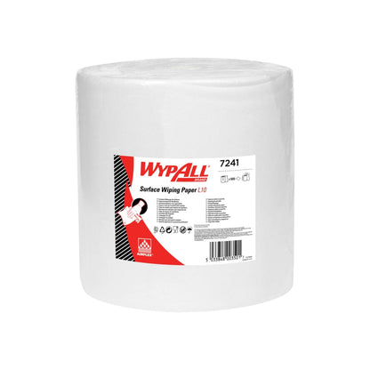 Utierka z papiera WypAll® L10 na povrchy - veľká rolka (Kimberly-Clark GmbH) je extra široká biela rolka (38,00 cm x 32,50 cm), perfektná na veľké čistiace úlohy, s červeno-bielou etiketou s informáciami o produkte a pokynmi.