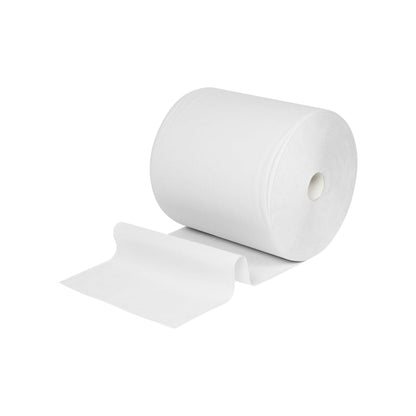 Veľká utierka z papiera WypAll® L10 na povrchy, veľká rolka (extra široká, 38,00 cm x 32,50 cm) od Kimberly-Clark GmbH je odvinutá a plochá, ideálna na čistenie povrchov, zobrazená na jednoduchom bielom pozadí.