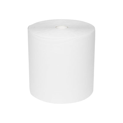 Veľká biela utierka z papiera WypAll® L10 na povrchy - veľká rolka (extra široká, 38,00 cm x 32,50 cm) od Kimberly-Clark GmbH stojí vzpriamene na jednofarebnom bielom pozadí a má malú kartónovú rúrku v strede pre efektívne čistenie.
