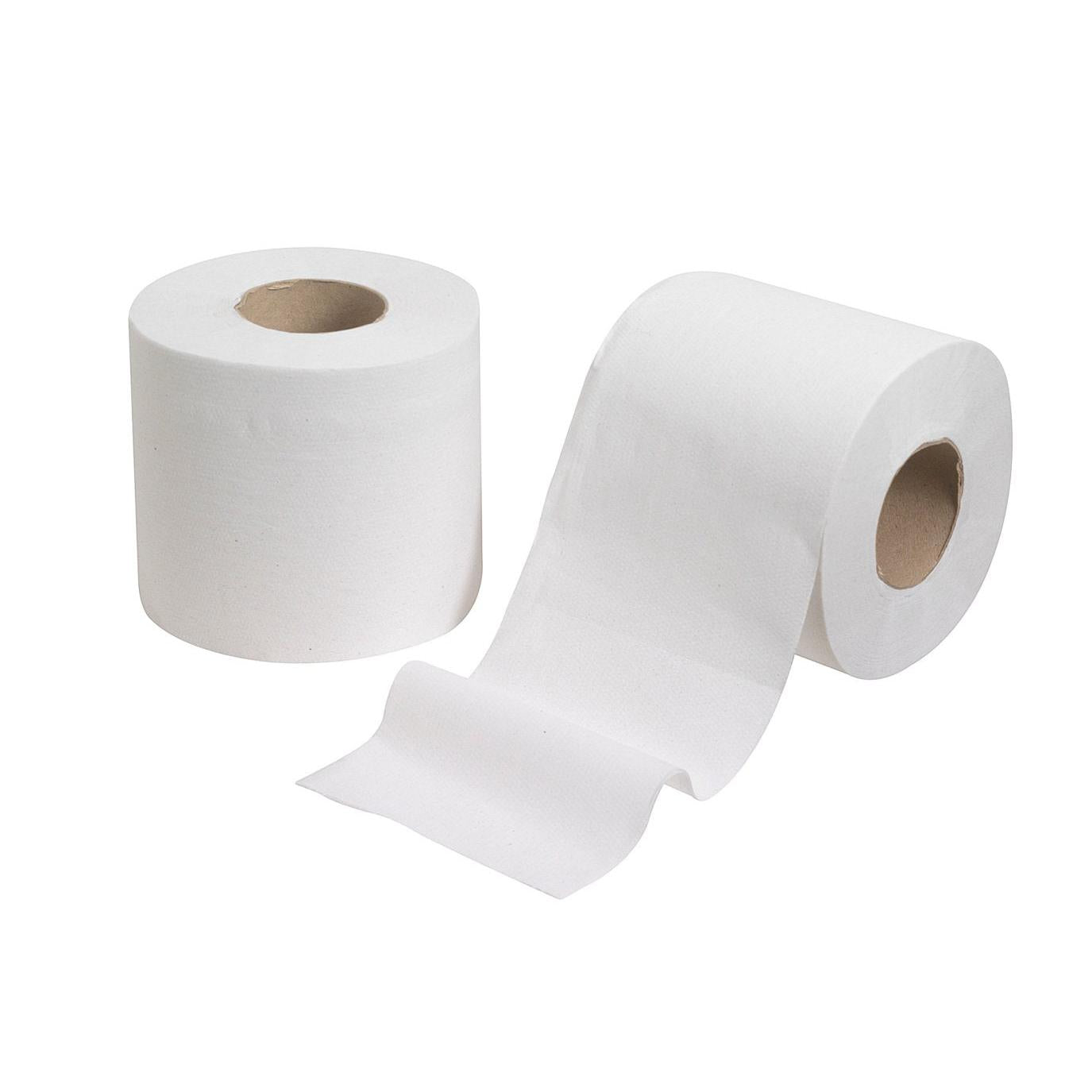 Zobrazené sú dve biele toaletné papierové rolky Kleenex® (malé rolky, 2 x 200 listov) od Kimberly-Clark GmbH - jedna vzpriamená, jedna čiastočne rozvinutá - na bielom pozadí. Perfektné na zásobenie s možnosťou sortimentu na výbehu 24-balenie.