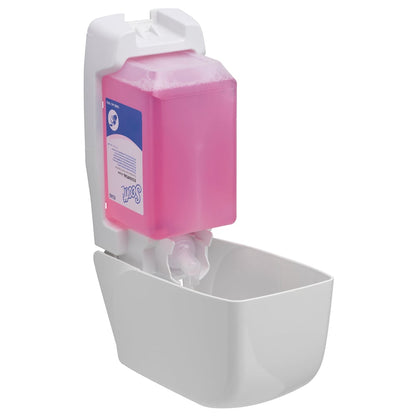 Ein wandmontierter Scott® Essential™ Schaumseife Spender von Kimberly-Clark GmbH zeigt eine große rosa 1L Kassette im Inneren und eine weiße Auffangschale darunter - ideal für die tägliche Handreinigung.
