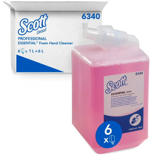 Penové mydlo Scott® Essential™ na každodenné použitie (1 l, ružové, kazeta) od spoločnosti Kimberly-Clark GmbH je k dispozícii v kartóne s 6 kazetami – celkovo 6 litrov náplne pre hygienu rúk.