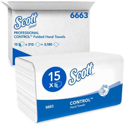Jedna škatuľa Scott® CONTROL™ skladacích uterákov - biela od Kimberly-Clark GmbH obsahuje 15 balení po 212 listov (celkom: 3.180 listov) na hygienické sušenie rúk. Číslo produktu 6663 je viditeľné na obale.