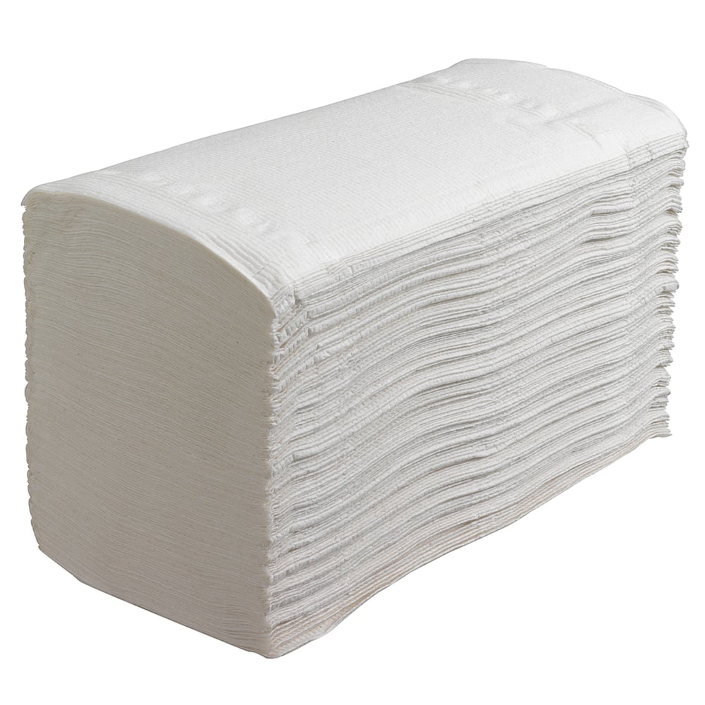 Veľký stoh Scott® CONTROL™ skladacích uterákov - biela (15 klipov x 212 listov) od Kimberly-Clark GmbH je prehľadne usporiadaný pred bielym pozadím, ideálny na hygienické sušenie rúk.