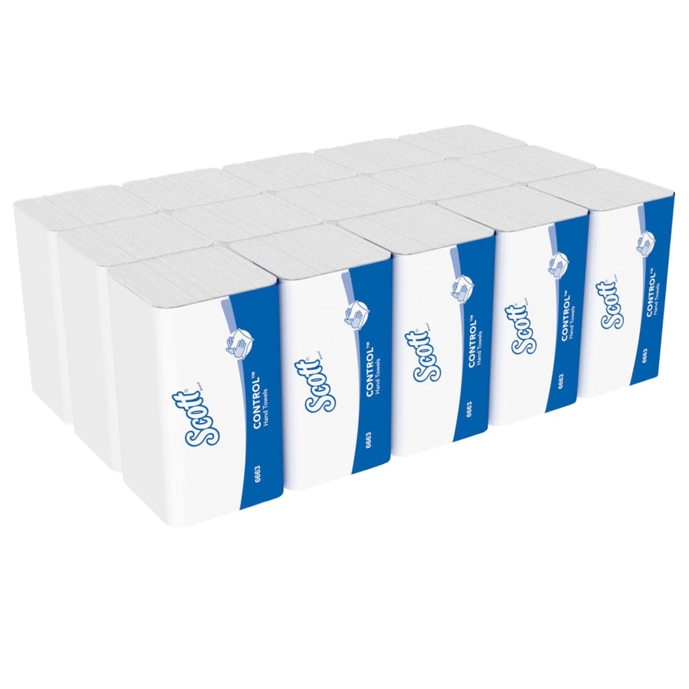 Stoh Scott® CONTROL™ skladacích uterákov od Kimberly-Clark GmbH v bielej farbe, 15 balení x 212 listov na kartón (15 balíčkov), sa vyznačuje savým dizajnom, ktorý je ideálny na hygienické sušenie rúk - celkom 3.180 listov.