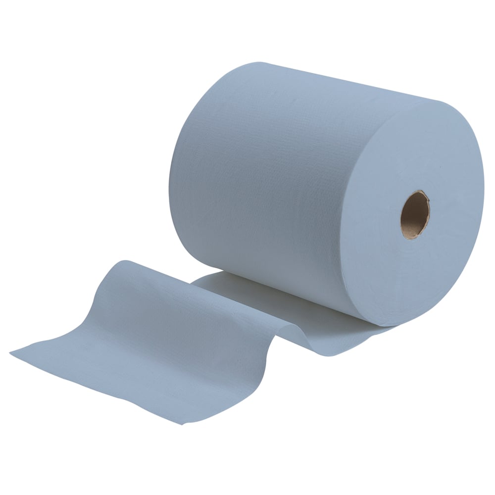 Rolku papierových uterákov Scott® od Kimberly-Clark GmbH (304,00 m x 19,80 cm) v svetlomodrej farbe je čiastočne rozrolovaná na bielom pozadí.