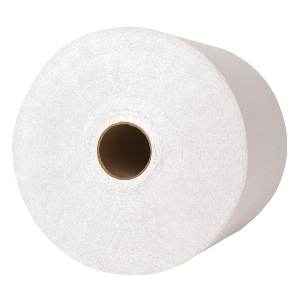 Papierová rolka Scott® (304,00 m x 19,80 cm) od Kimberly-Clark GmbH je veľká biela priemyselná rolka s hnedým papierovým jadrom, zobrazená zhora na jednoduchom bielom pozadí.