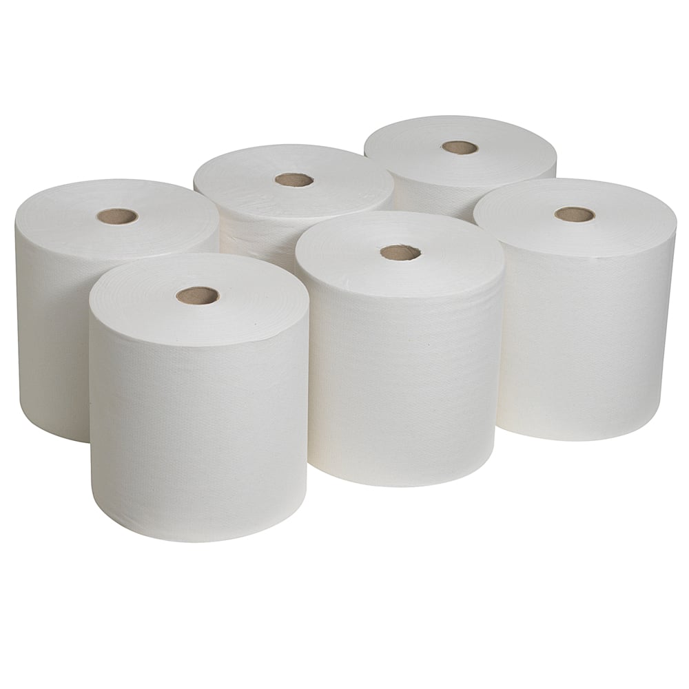 Šesť veľkých roliek papierových uterákov Scott® (304 m x 19,8 cm) od Kimberly-Clark GmbH leží v dvoch radoch na jednoduchom pozadí; každá udržateľná rolka má hnedé kartónové jadro.