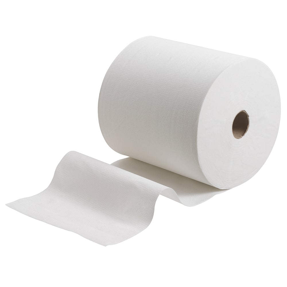 Veľká rolka papierových uterákov Scott® (304,00 m x 19,80 cm) od Kimberly-Clark GmbH je čiastočne rozrolovaná na jednoduchom bielom pozadí, aby zdôraznila svoju kvalitu a funkčnosť.