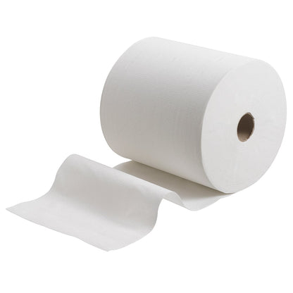 Veľká rolka papierových uterákov Scott® (304,00 m x 19,80 cm) od Kimberly-Clark GmbH je čiastočne rozrolovaná na jednoduchom bielom pozadí, aby zdôraznila svoju kvalitu a funkčnosť.