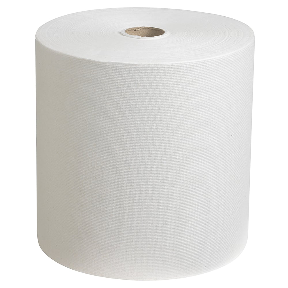 Rolka papierových uterákov Scott® (304,00 m x 19,80 cm) od Kimberly-Clark GmbH stojí vzpriamene a ukazuje svoju štruktúrovanú povrchovú úpravu a duté jadro, čo demonštruje jej každodennú použiteľnosť.