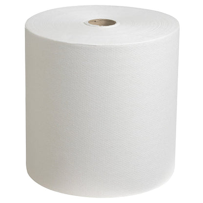 Rolka papierových uterákov Scott® (304,00 m x 19,80 cm) od Kimberly-Clark GmbH stojí vzpriamene a ukazuje svoju štruktúrovanú povrchovú úpravu a duté jadro, čo demonštruje jej každodennú použiteľnosť.