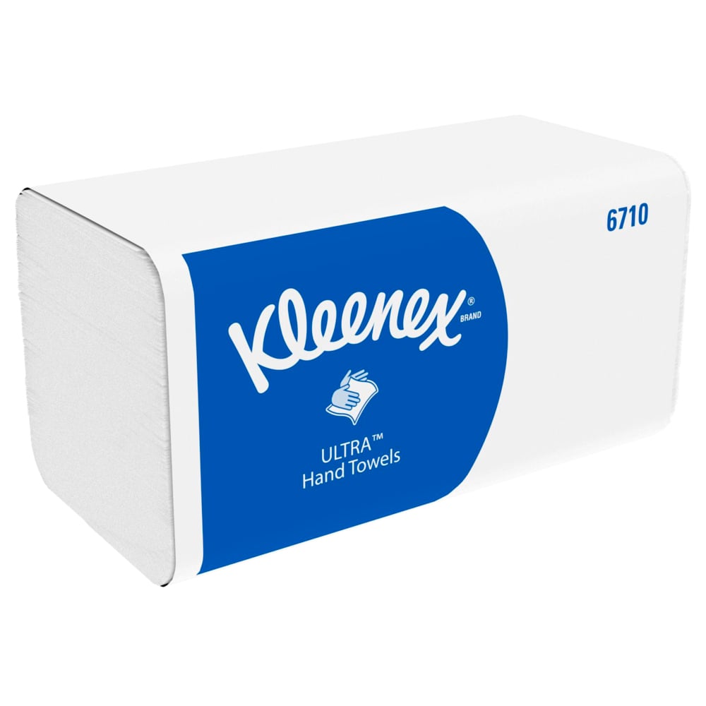 Eine rechteckige Schachtel Kleenex® Ultra™ Falthandtücher Interfold, Weiß, 15 x 96 Blatt von Kimberly-Clark GmbH - ideal zum hygienischen Händetrocknen, mit blauem Etikett, Markenname, Handsymbol und Produktnummer 6710.