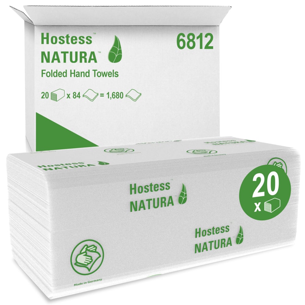 Krabica Hostess™ NATURA™ uterákov od Kimberly-Clark GmbH obsahuje 20 balení s 84 zloženými bielymi uterákmi (celkom 1 680) v zelenej potlačenej krabici - ideálne papierové uteráky pre verejné alebo komerčné použitie.
