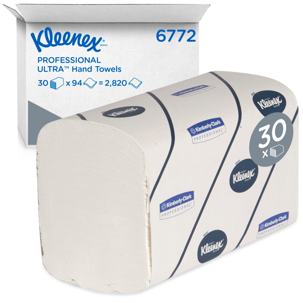 Krabica Kleenex® Ultra™ utierok - Interfold/Biela/Veľká od spoločnosti Kimberly-Clark GmbH obsahuje 30 balení po 94 listov, celkovo 2 820 savých utierok v hygienickom značkovom balení.
