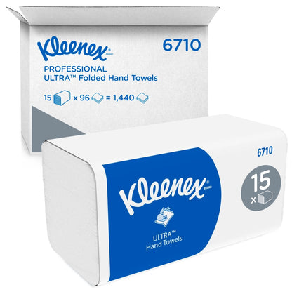 Kleenex® Ultra™ skladané uteráky od spoločnosti Kimberly-Clark GmbH obsahujú 15 balení s 96 bielymi skladanými uterákmi (celkom 1 440 kusov) v modro-bielom balení na hygienické sušenie rúk v každom prostredí.