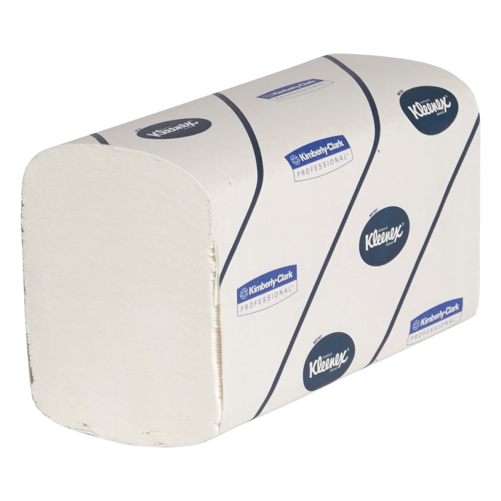 Stoh Kleenex® Ultra™ utierok Interfold, veľké, biele, 30 klipov x 94 listov v kartóne (30 balení) od spoločnosti Kimberly-Clark GmbH je vidieť v značkovom balení na bielom pozadí.