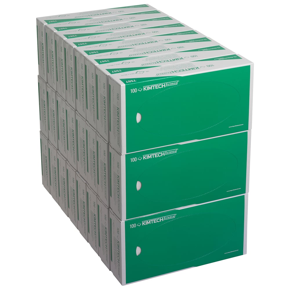 Stoh 24 škatúľ precíznych utierok Kimtech® Science od Kimberly-Clark, biele 2-vrstvové s označením "100" - ideálne pre laboratóriá, ktoré okrem ochranných rukavíc potrebujú aj vysoko kvalitné precízne utierky.
