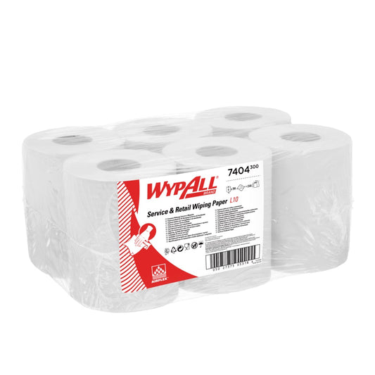 Ein Sechserpack WypAll® L10 Papierwischtuch von Kimberly-Clark GmbH, 6 Rollen à 390 Blatt für Zentralentnahme, ideal zur Reinigung im Service & Einzelhandel - weiß, im Karton mit Produktdetails.