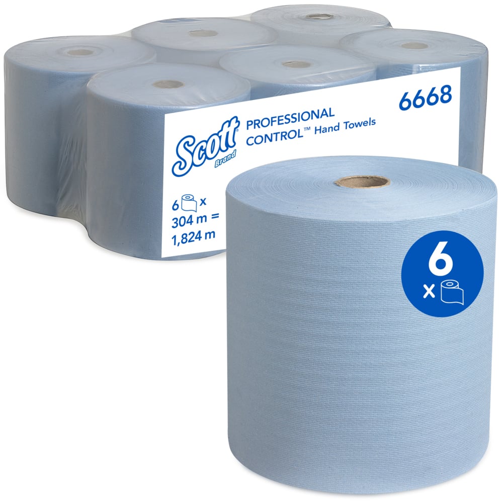 Zobrazené je balenie šiestich modrých papierových uterákov Scott® - rolka od Kimberly-Clark GmbH; jedna rolka vpredu, zvyšok zabalený. Každá rolka má rozmery 304 m x 19,8 cm, teda celkovo 1.824 m profesionálnych udržateľných papierových uterákov.
