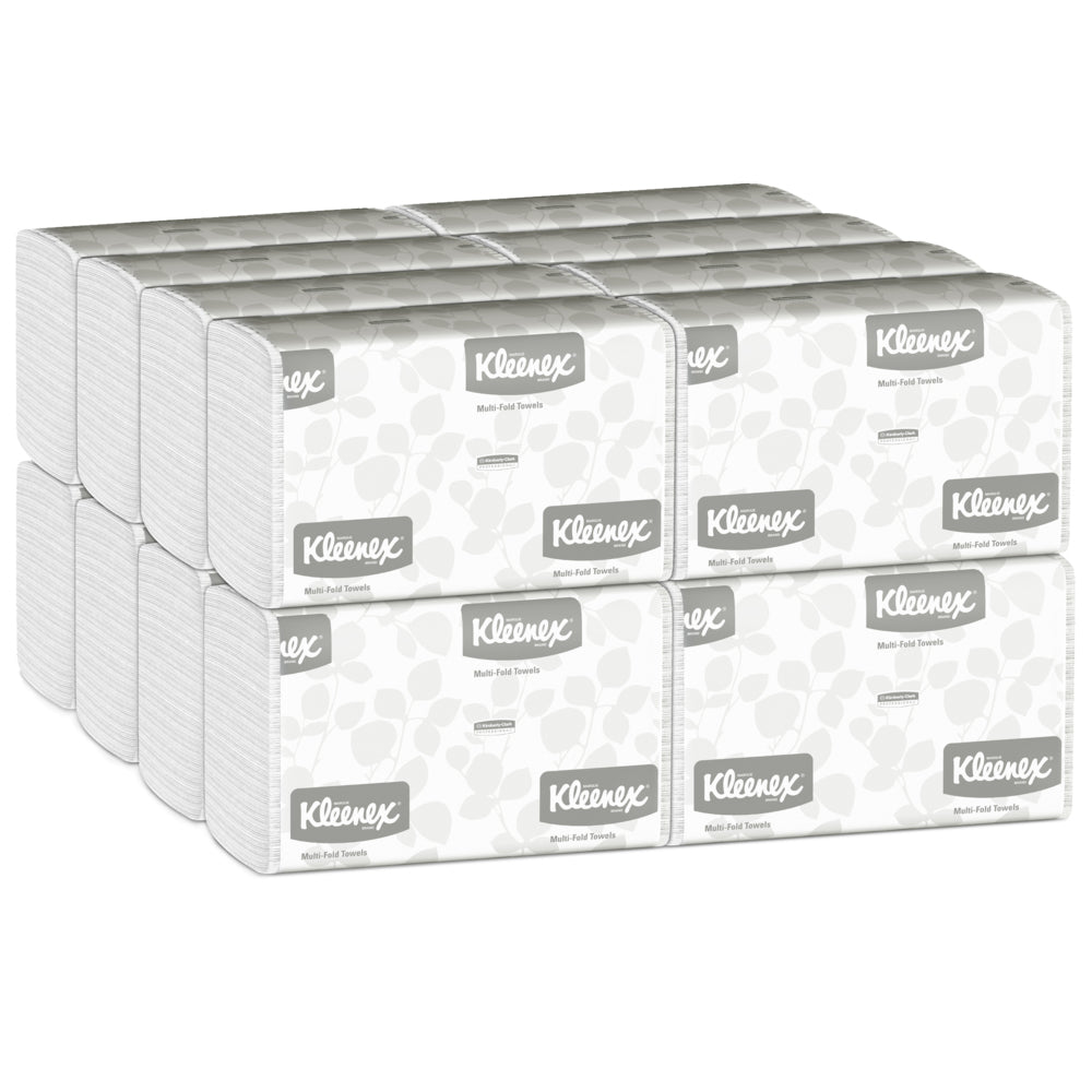 Kartón s 16 baleniami Kleenex® uterákov MultiFold Biele, každé s logom Kleenex a svetlošedým vzorom, od Kimberly-Clark GmbH - ideálne pre umyvárne, ktoré potrebujú spoľahlivé multifunkčné uteráky (16 x 150 listov).