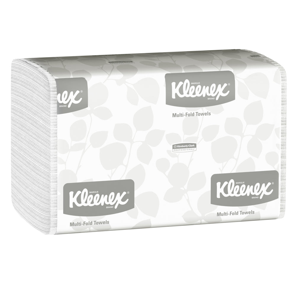 Stoh Kleenex® uterákov - MultiFold v bielej farbe, balený od Kimberly-Clark GmbH (16 balení x 150 listov), s balením s listovým vzorom a nápisom "Multi-Fold Towels" - perfektné pre umyvárne.