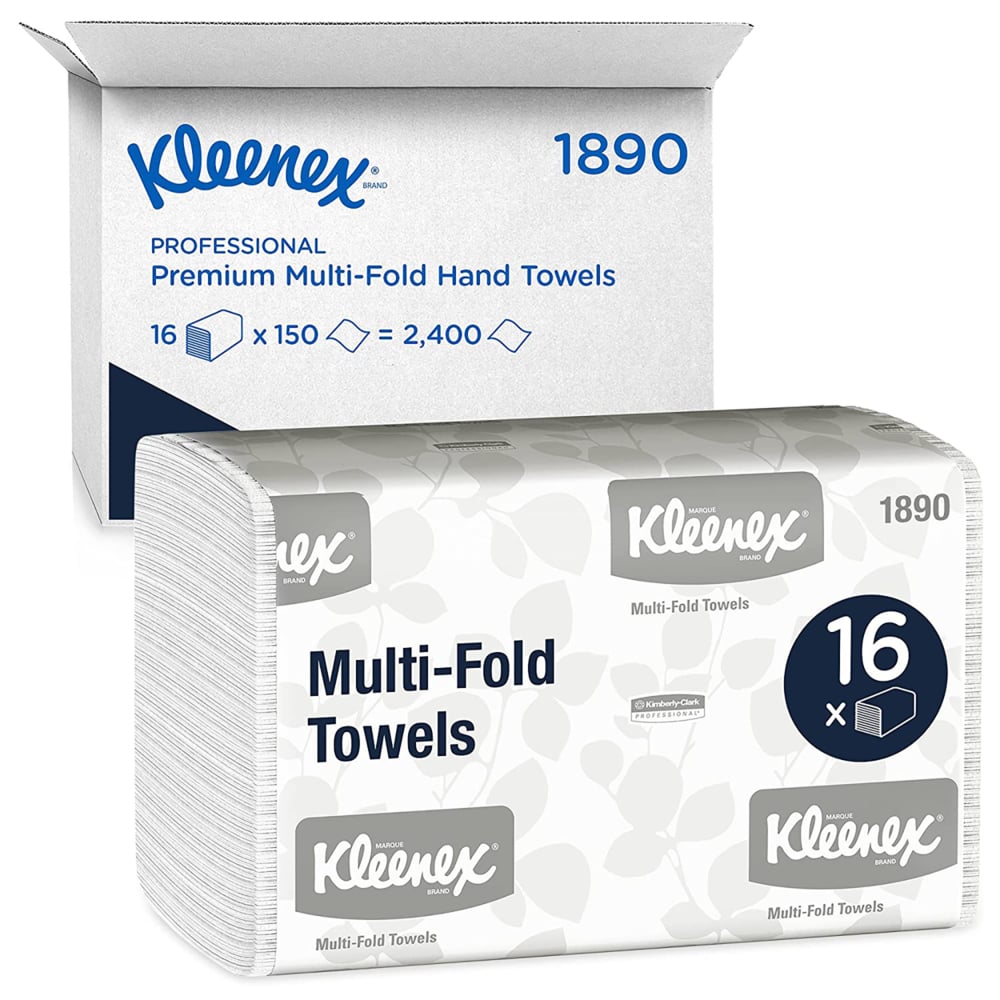 Kleenex® uteráky - MultiFold / Biele / Stredné od Kimberly-Clark GmbH: 16 balení x 150 listov (2 400 uterákov) v kartóne, ideálne pre umyvárne. Biele balenie s modro-šedým nápisom.