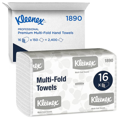 Kleenex® uteráky - MultiFold / Biele / Stredné od Kimberly-Clark GmbH: 16 balení x 150 listov (2 400 uterákov) v kartóne, ideálne pre umyvárne. Biele balenie s modro-šedým nápisom.