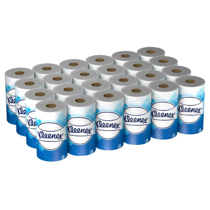 24 balení so sortimentom na výbehu: Toaletné papierové rolky Kleenex® (Kimberly-Clark GmbH) s každým po 2 malé biele rolky (200 listov) sú usporiadané v štyroch radoch po šesť. Modré balenie zobrazuje logo Kleenex na každej rolke.