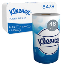Ein Paket mit Auslaufartikel: Kleenex® Toilettenpapierrollen (Kimberly-Clark GmbH) mit 24 Packungen mit je 2 kleinen weißen Rollen, 200 Blatt pro Rolle - insgesamt 9.600 Blatt. Die Produktnummer 8478 und das Kleenex-Logo sind abgebildet.