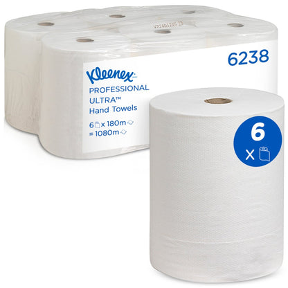 Zobrazený je balík šiestich roliek Kleenex® Ultra™ papierových utierok od Kimberly-Clark GmbH, s jednou rolkou vpredu. Na etikete je napísané: 6 roliek na kartón, každá 180 m dlhá - ideálna na hygienické sušenie rúk - a celkovo 1080 m dlhá.