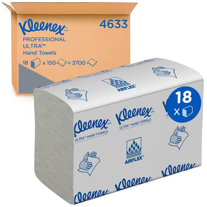 Zobrazená je veľká balenie Kleenex® Ultra™ papierových utierok MultiFold v bielej farbe, malá, 18 klipov x 150 listov od Kimberly-Clark GmbH: zabalené balenie pred kartónom s produktovými informáciami a špecifikáciami papierových utierok MultiFold.