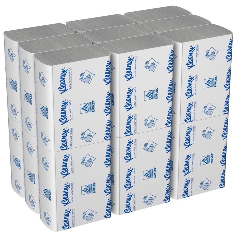 Kartón Kleenex® Ultra™ papierových utierok od Kimberly-Clark GmbH obsahuje 18 bielych balení MultiFold s 150 listami s modrými textami a symbolmi na obale.
