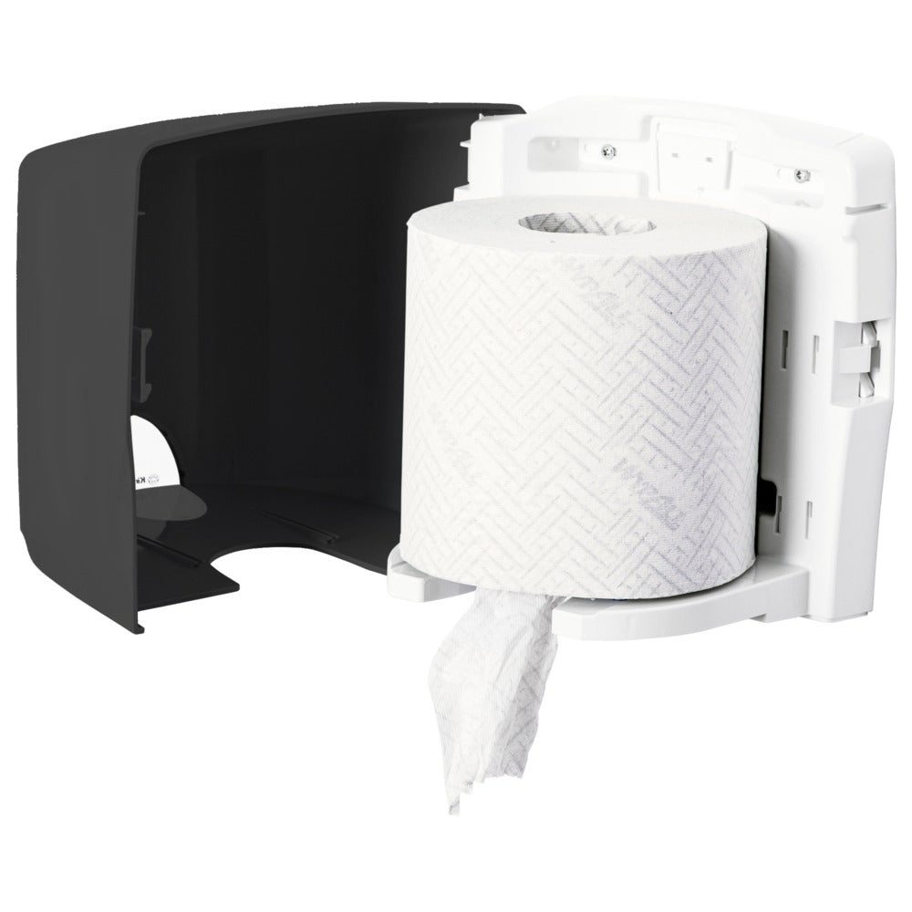 Der Kimberly-Clark GmbH Aquarius™ Wischtuch-Spender - Roll Control in grau ist ein wandmontierter Spender mit offener schwarzer Abdeckung, der mit dem Roll Control System für eine saubere, fertige Ausgabe ausgestattet ist - ideal für den professionellen Einsatz.