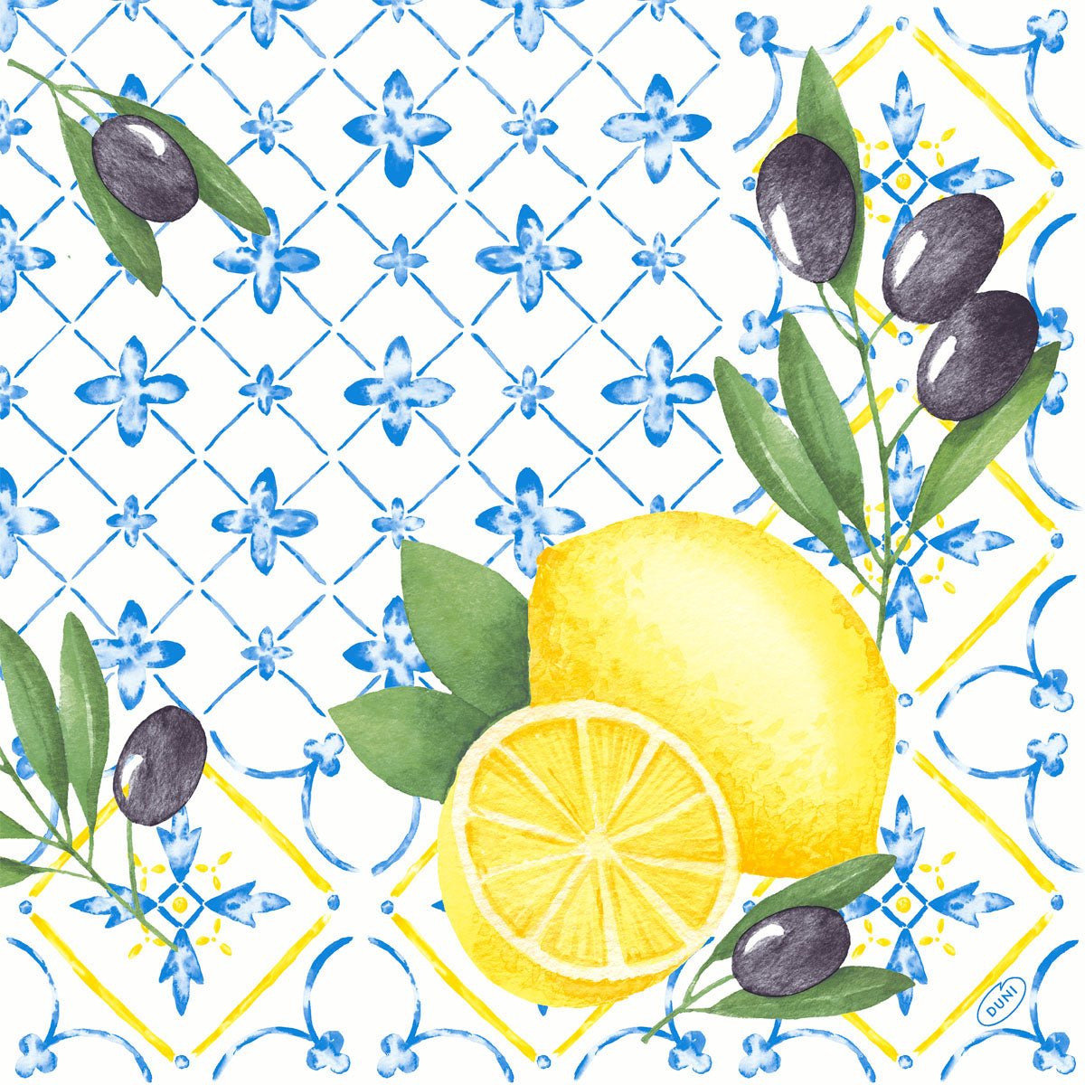 Akvarel ilustrácia citrónov, olív a modro-bielych kvetinových geometrických dlaždíc na Duni GmbH Klassikservietten 40 x 40 cm, 4-vrstvové, embosované, 1/4 skladanie.