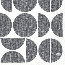 Die Duni GmbH Zellt.Serv.33x33 3lg 1/4 Formen zeigt schwarze strukturierte Kreise, Halbkreise und Viertelkreise auf Weiß, ein gewebtes Design und ein ovales "DUNI"-Logo, vielseitig einsetzbar. Größe: 33x33 cm. Packung: 250 Servietten.