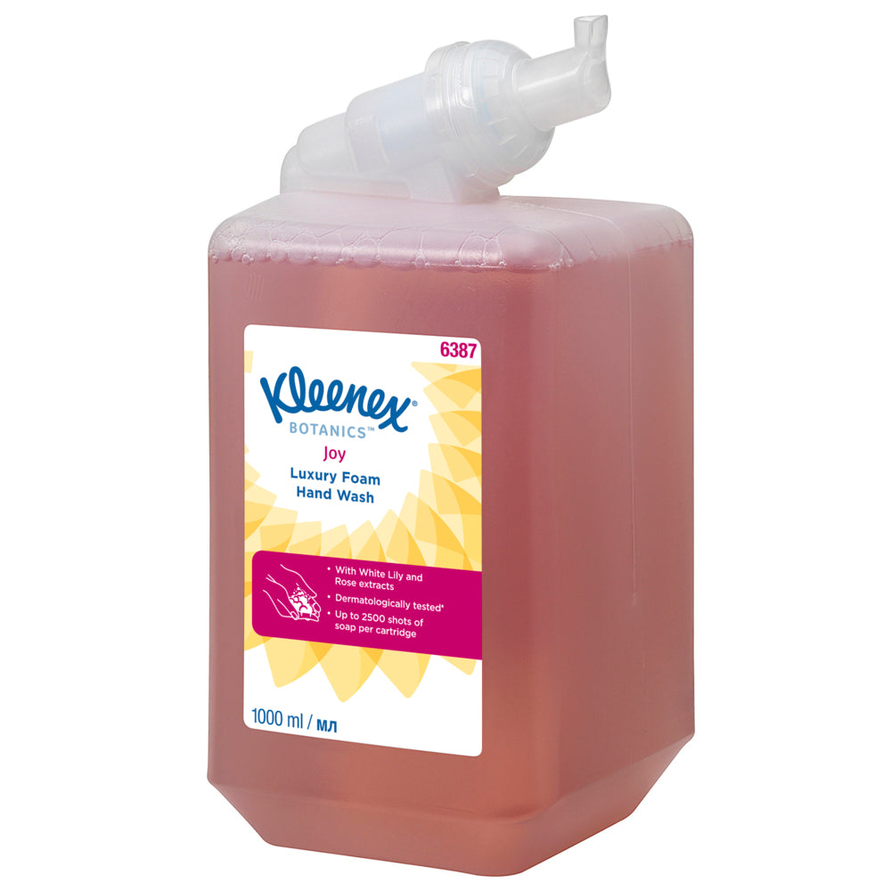 Eine 1L Kleenex® Botanics™ Luxury Foam Hand Wash Kassette (rot, dermatologisch getestet) von Kimberly-Clark GmbH, geeignet für Spender; Packung enthält 6 Kartuschen.