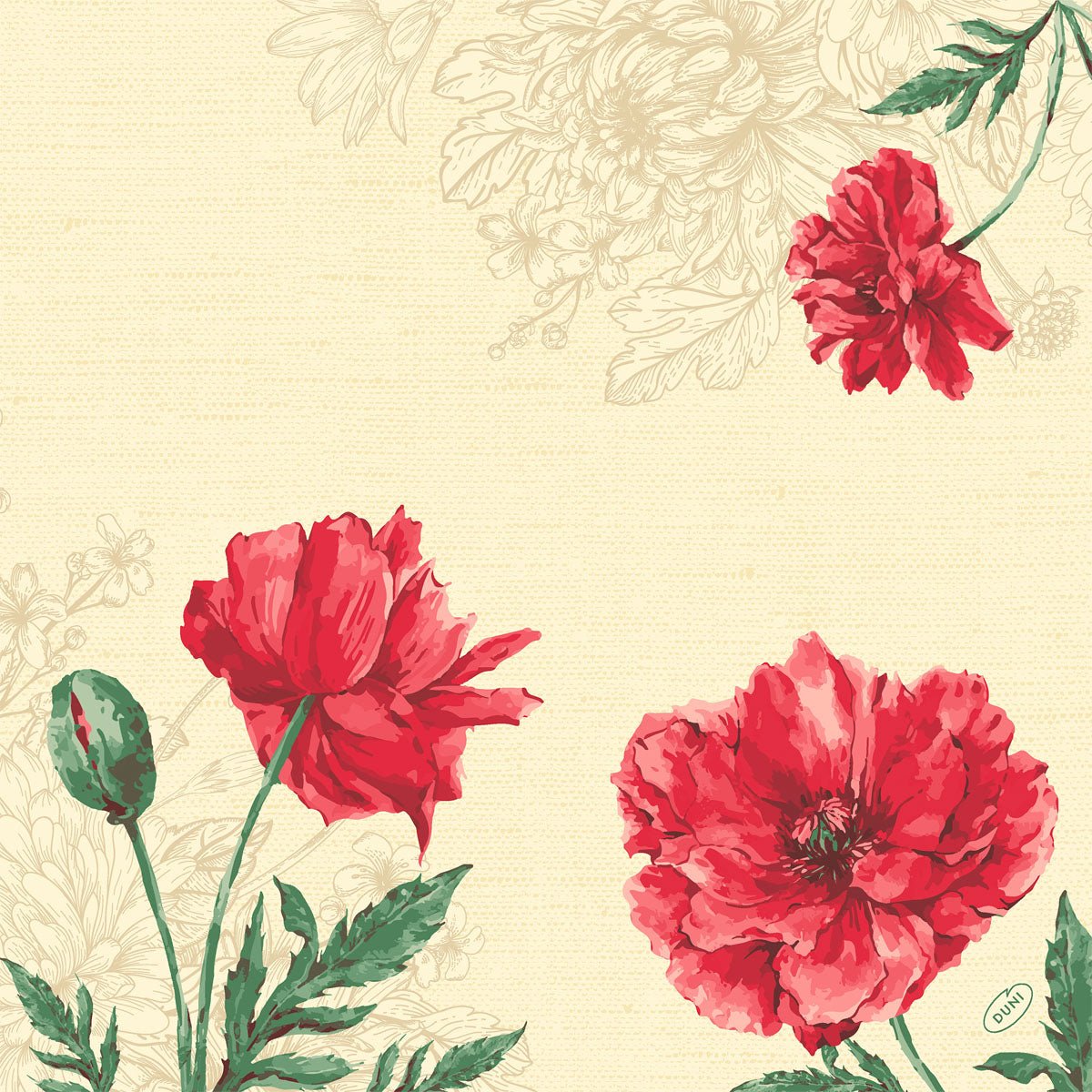 Ilustrácia troch červených makov s zelenými listami a pukom na béžovom s jemnými kvetinovými rohovými líniami - ideálne pre Duni GmbH Klassikservietten 40 x 40 cm 4-vrstvové, embosované 1/4 skladanie.