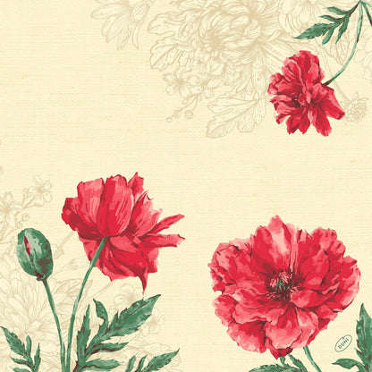 Ilustrácia troch červených makov s zelenými listami a pukom na béžovom s jemnými kvetinovými rohovými líniami - ideálne pre Duni GmbH Klassikservietten 40 x 40 cm 4-vrstvové, embosované 1/4 skladanie.