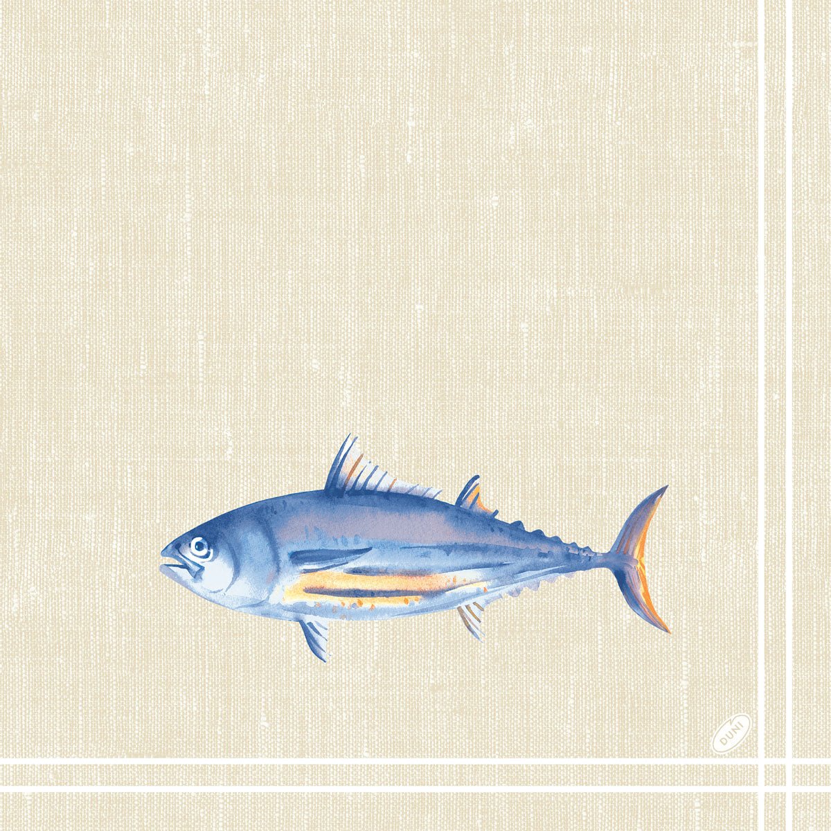 Na Klassikservietten 40 x 40 cm 4-vrstvové, embosované 1/4 skladanie od Duni GmbH je zobrazená modro-strieborná ryba s oranžovými akcentmi na štruktúrovanom béžovom pozadí s bielymi okrajovými líniami.