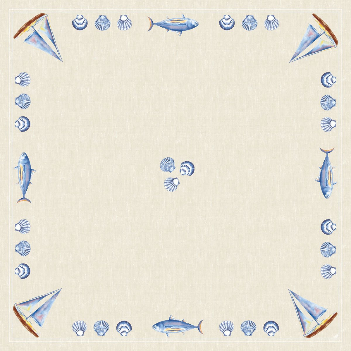 Die Dunicel Mitteldecke 84x84 cm von Duni GmbH zeigt das Tide Design mit blauen Segelbooten, Fischen und Muscheln auf Beige - ideal für eine maritime Tischdekoration. Packung mit 100 Stück - perfekt für Feste und Events.