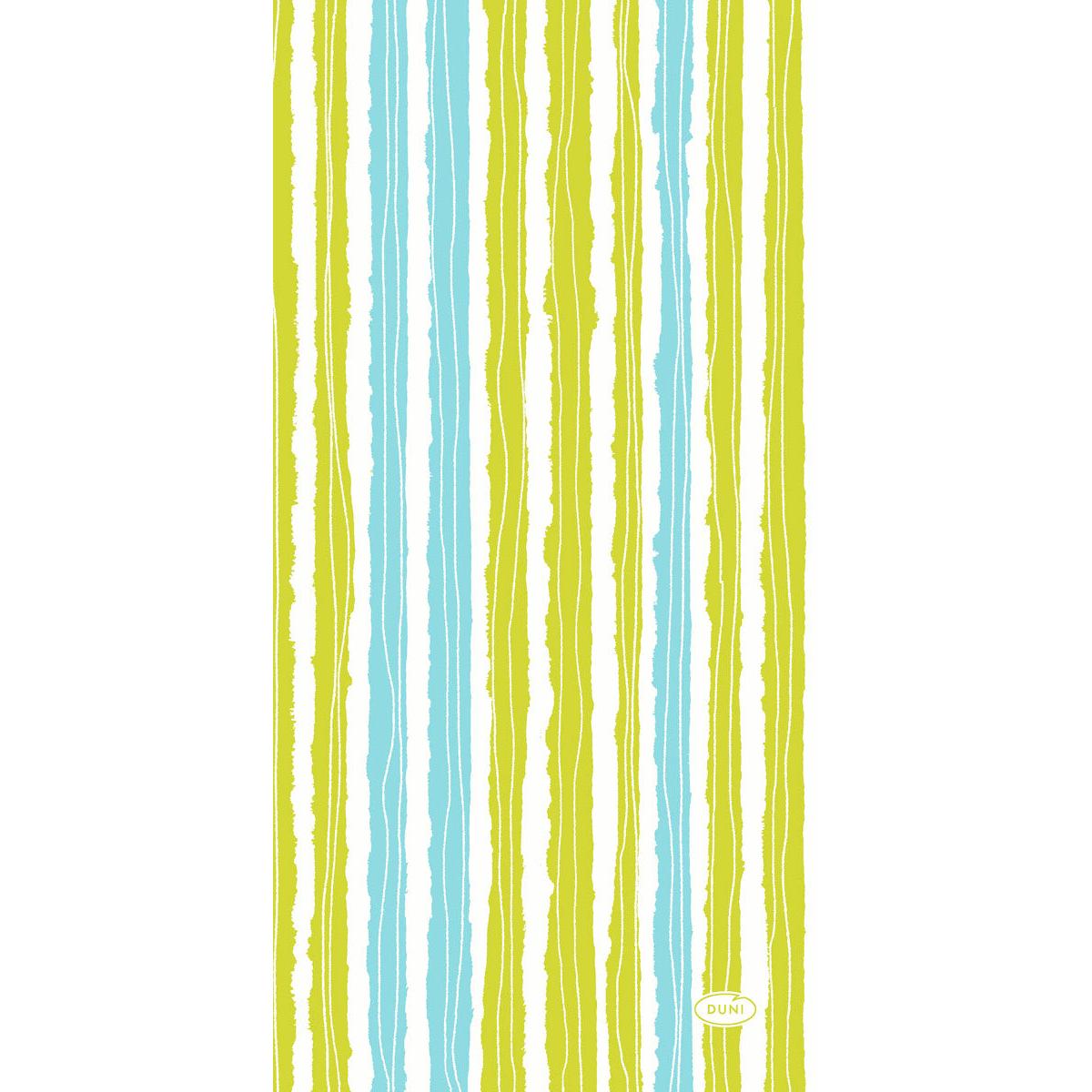 Servítky Dunisoft Elise Stripes 20x40 cm od spoločnosti Duni GmbH zobrazujú nerovnomerné modré a zelené pozdĺžne pruhy rôznej hrúbky na bielom podklade a malé žlté oválne logo "DUNI" vpravo dole. Balenie obsahuje 120 servítok.