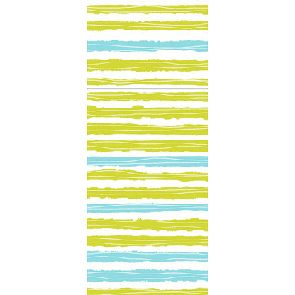 Ein vertikales Muster aus ungleichmäßigen gelb-grünen, aqua-blauen und weißen Streifen mit handgezeichneten Kanten auf Weiß - perfekt für das Duniletto-Slim 40x33cm der Duni GmbH. Die Streifenfolge wiederholt sich auf dem Bild.