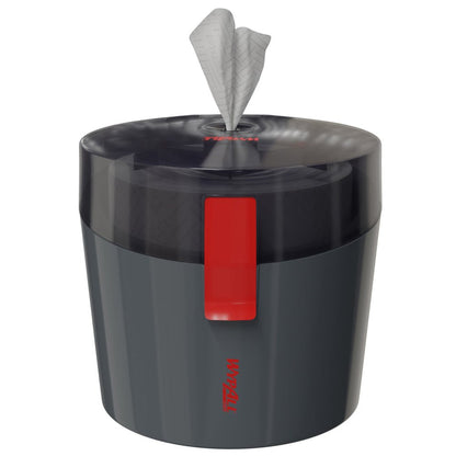 Tmavosivý, valcovitý WypAll® Reach Plus™ Centrefeed-dávkovač od spoločnosti Kimberly-Clark GmbH s priehľadným vekom a červeným uzáverom obsahuje rolu jednorazových utierok, ktoré sú čiastočne vytiahnuté cez horný otvor.