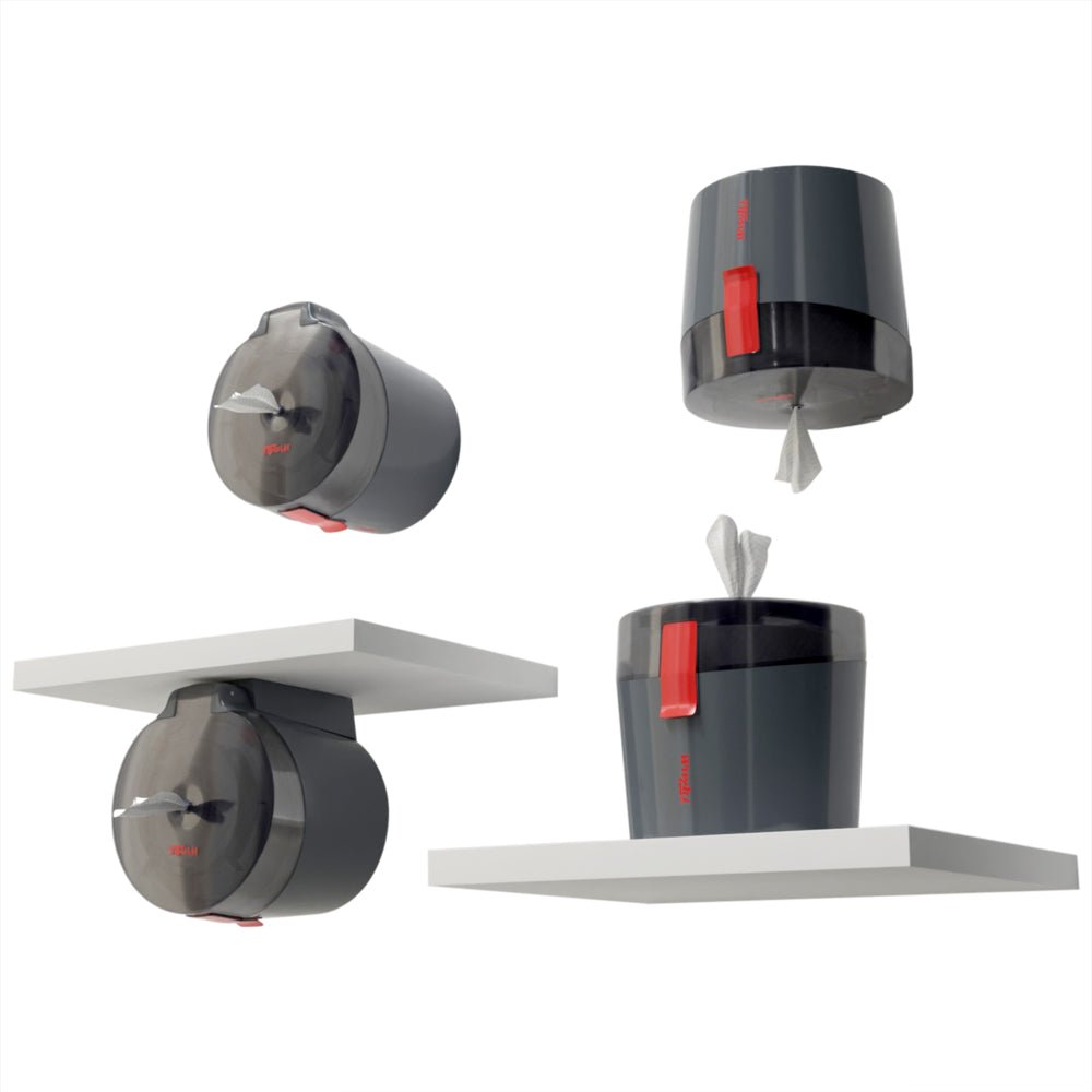 Štyri obrázky ukazujú tmavosivý WypAll® Reach Plus™ Centrefeed-dávkovač od spoločnosti Kimberly-Clark GmbH s červenou pákou, ktorá je namontovaná na alebo pod bielymi policami. Jeden dávkovač je otvorený a utierky sú viditeľné, druhý je zatvorený.