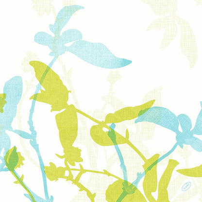 Digitálna ilustrácia prekrývajúcich sa svetlozelených a modrých botanických siluet na bielom zdobí Duni GmbH Klassikservietten 40 x 40 cm, 4-vrstvové, embosované s jemným vzorom a 1/4 skladaním - perfektné pre elegantne prestretý stôl.